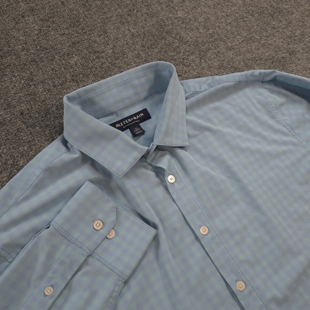 Mizzen Main Shirt Mens XL Blue Gingham Classic Fit Stretch Dress Business Office